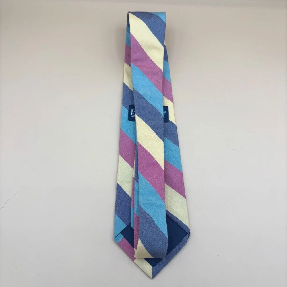 Lands End Vintage Mens Silk Cotton Striped Tie Hand Sewn USA Multi Color Preppy